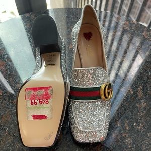 Gucci Silver Glitter Marmont Loafers